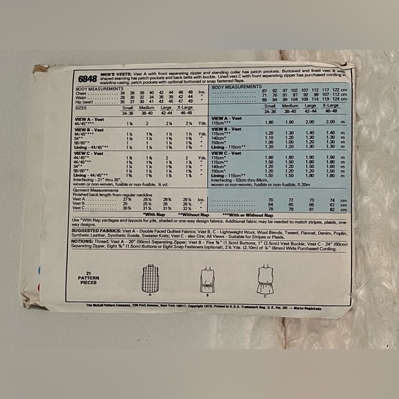 Vintage 1970’s McCall’s Men’s Pattern #6848 Vest Classic - Picture 3 of 3